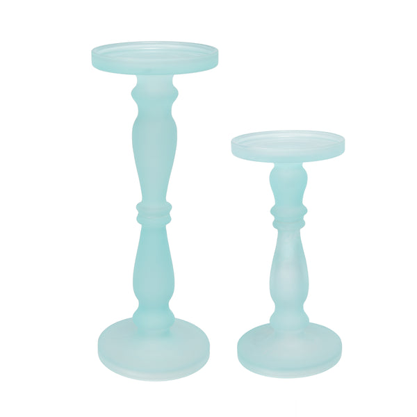 Qui 14 11 Inch Candle Holders Turned Pedestal Blue Glass Set Of 2