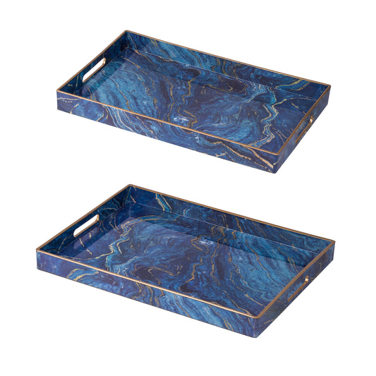 19 18 Inch Modern Decorative Trays Blue Pattern With Gold Rim Set Of 2