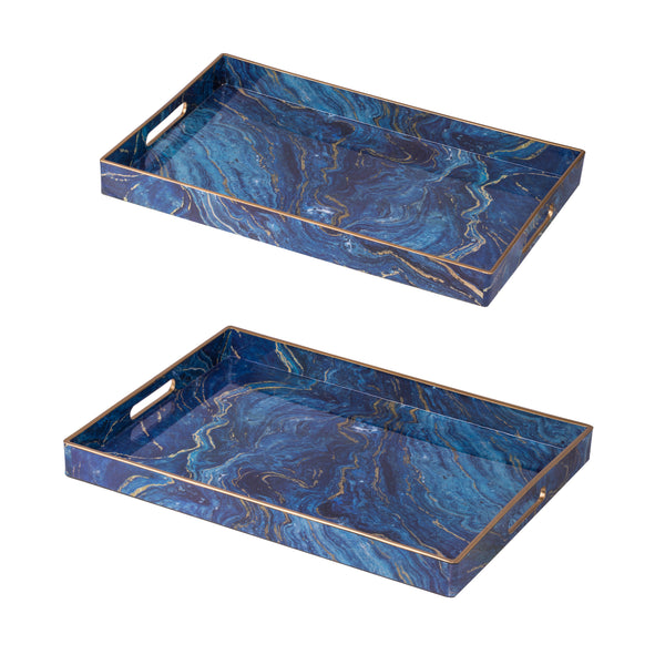 19 18 Inch Modern Decorative Trays Blue Pattern With Gold Rim Set Of 2