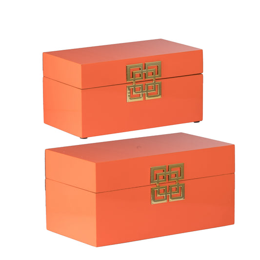 Neo 14 11 Inch Decorative Boxes Geometric Metal Accents Orange Set Of 2