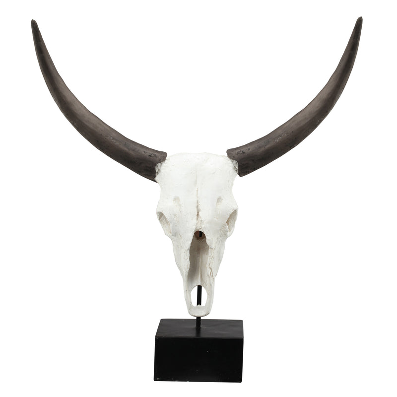 26 Inch Resin Cow Skull Accent Table Decoration Metal Block Base White-zoom-