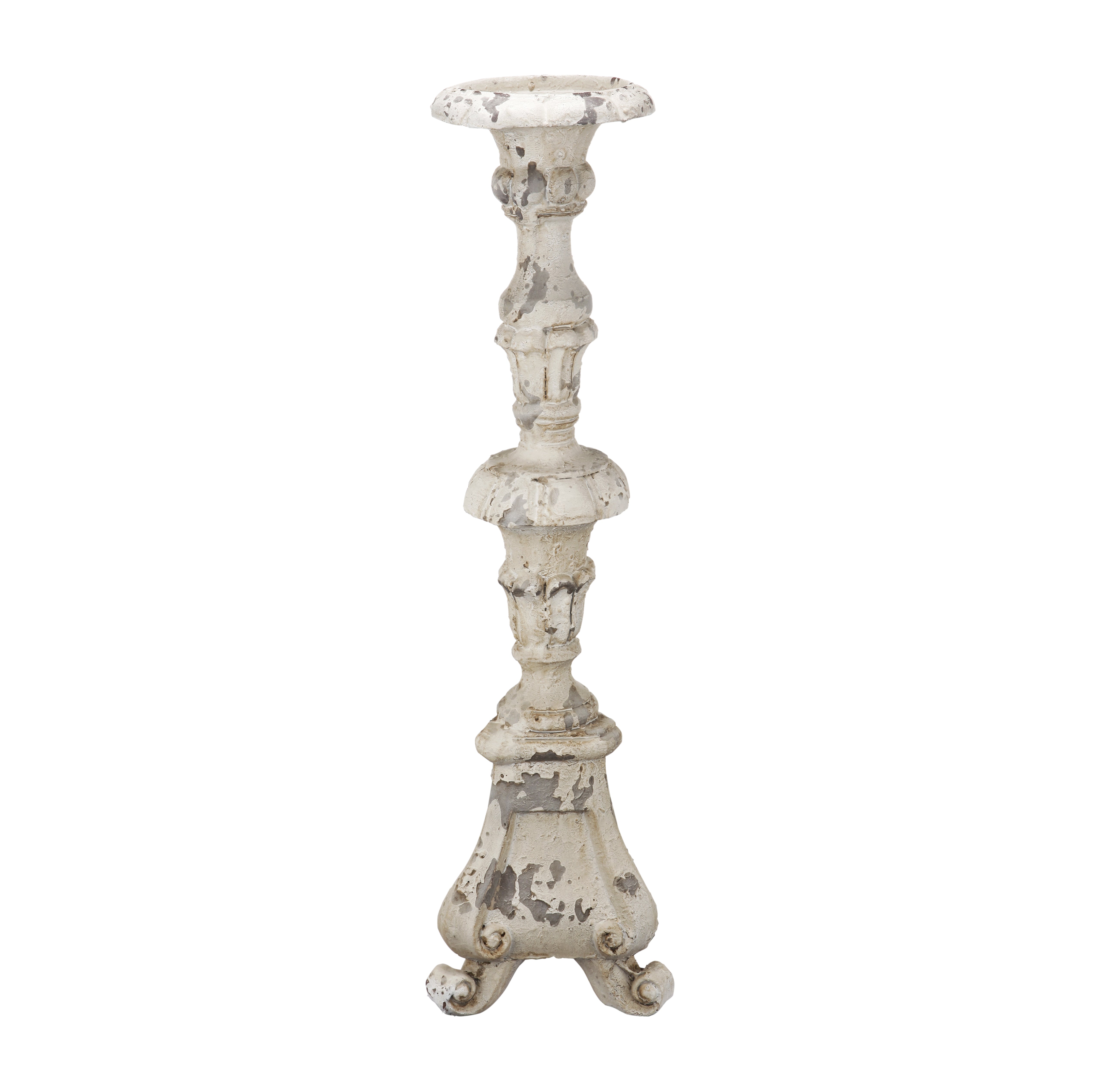 25 Inch Metal Candle Holder Elegant Turned Pedestal In Distressed White