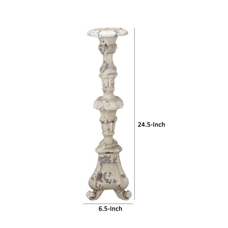 25 Inch Metal Candle Holder Elegant Turned Pedestal In Distressed White-zoom-