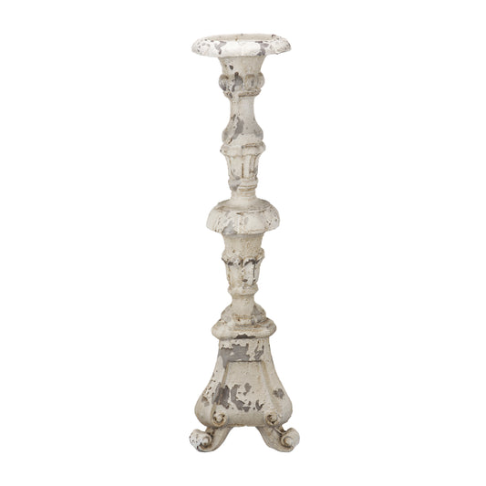 25 Inch Metal Candle Holder Elegant Turned Pedestal In Distressed White
