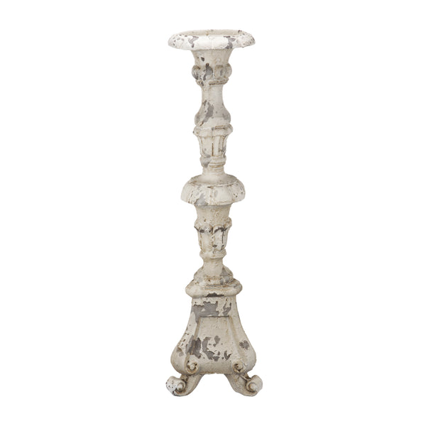 25 Inch Metal Candle Holder Elegant Turned Pedestal In Distressed White