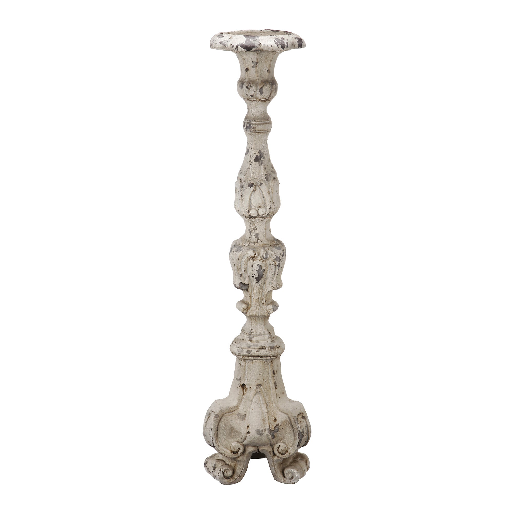 28 Inch Metal Candle Holder Classical Turned Pedestal Distressed White