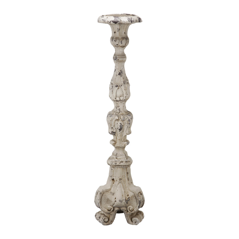 28 Inch Metal Candle Holder Classical Turned Pedestal Distressed White-zoom-