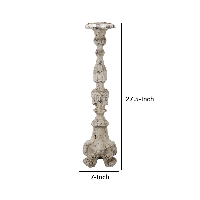 28 Inch Metal Candle Holder Classical Turned Pedestal Distressed White-zoom-