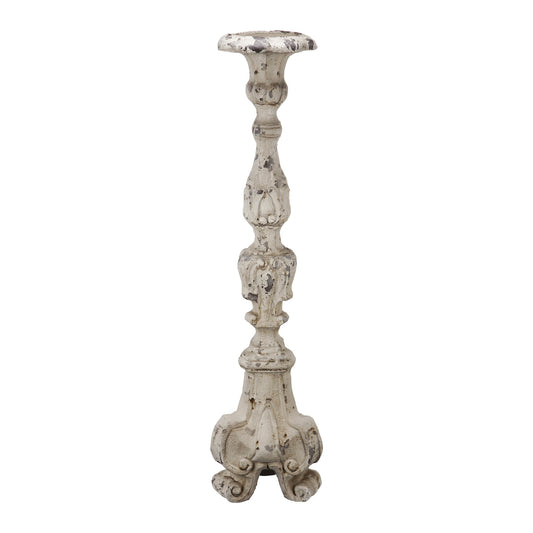 28 Inch Metal Candle Holder Classical Turned Pedestal Distressed White