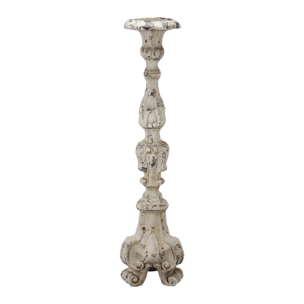 28 Inch Metal Candle Holder Classical Turned Pedestal Distressed White