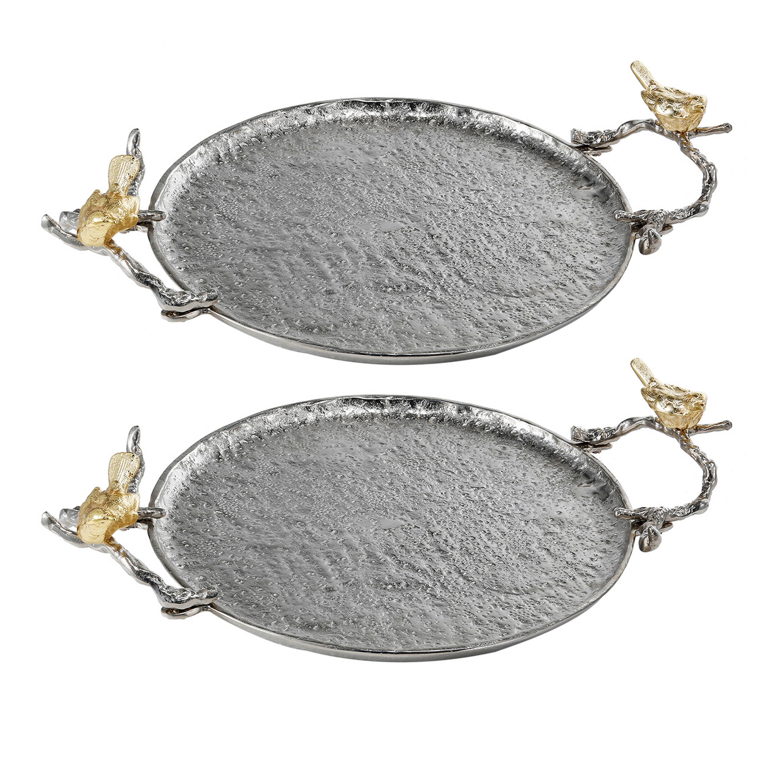 19 Inch Decorative Tray Perched Birds Silver Metal Medium Set Of 2