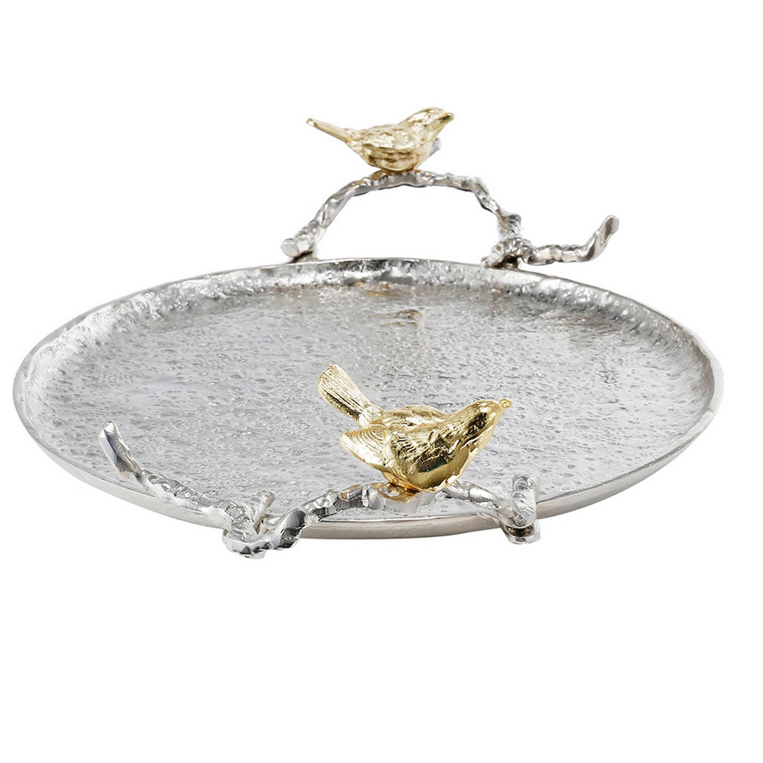 19 Inch Decorative Tray Perched Birds Silver Metal Medium Set Of 2