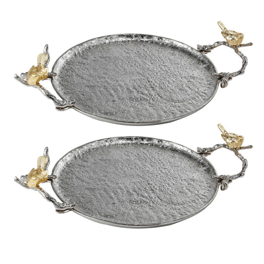 19 Inch Decorative Tray Perched Birds Silver Metal Medium Set Of 2