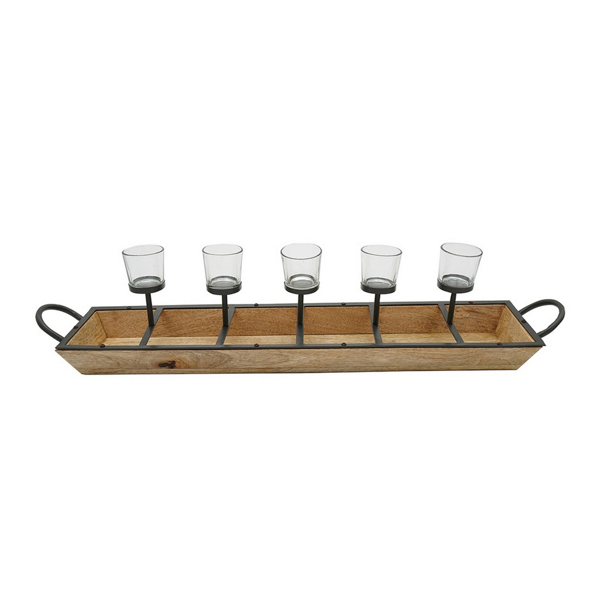 32 Inch Tealight Candle Holder Brown Mango Wood Tray Black Metal Frame-zoom-3