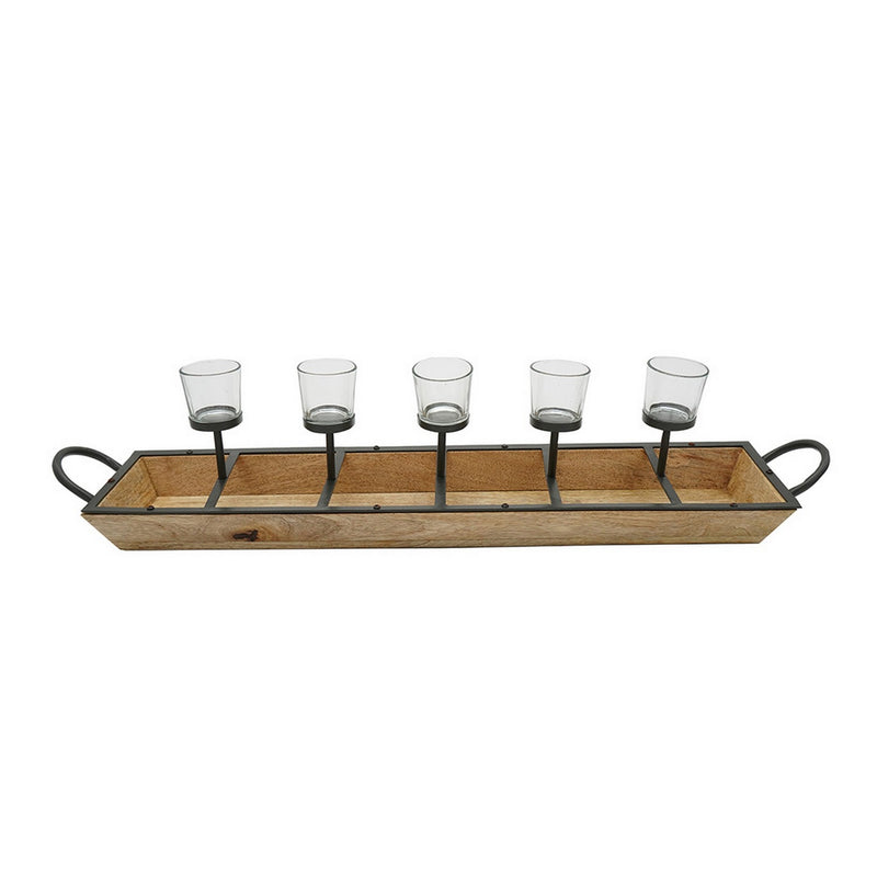 32 Inch Tealight Candle Holder Brown Mango Wood Tray Black Metal Frame-zoom-