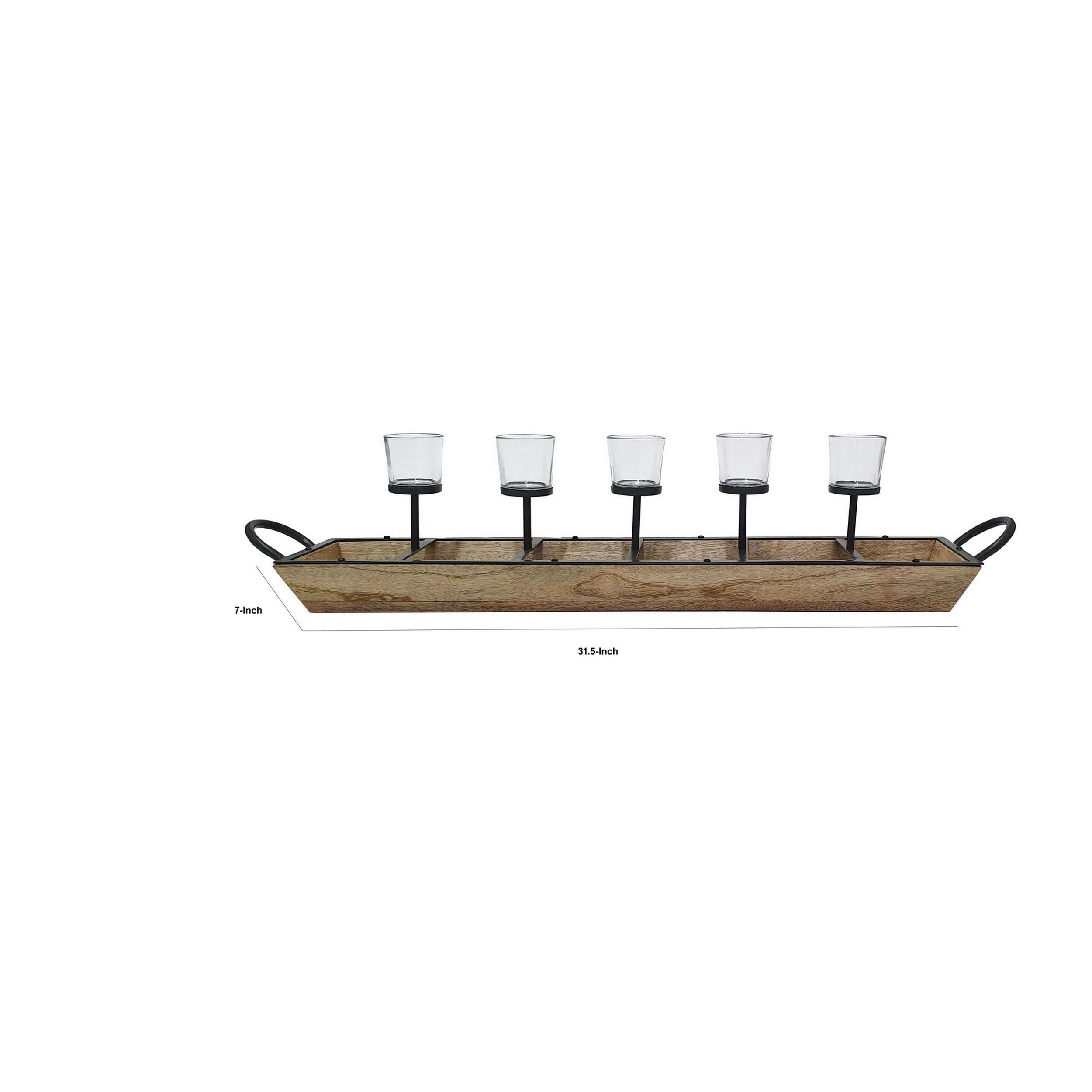 32 Inch Tealight Candle Holder Brown Mango Wood Tray Black Metal Frame-zoom-5