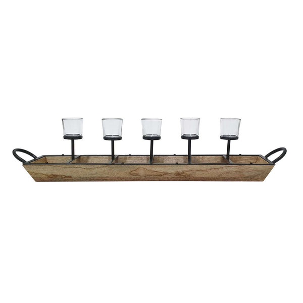 32 Inch Tealight Candle Holder Brown Mango Wood Tray Black Metal Frame