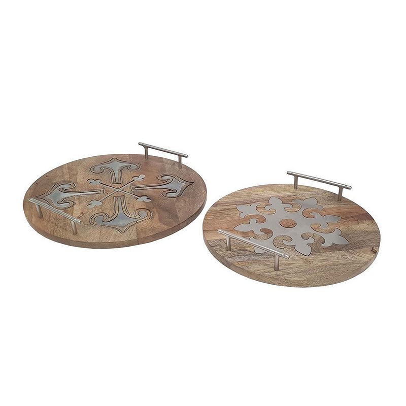 16 14 Inch Decorative Trays Artistic Design Brown Mango Wood Set Of 2-zoom-