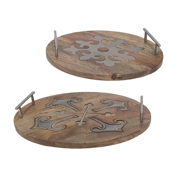 16 14 Inch Decorative Trays Artistic Design Brown Mango Wood Set Of 2