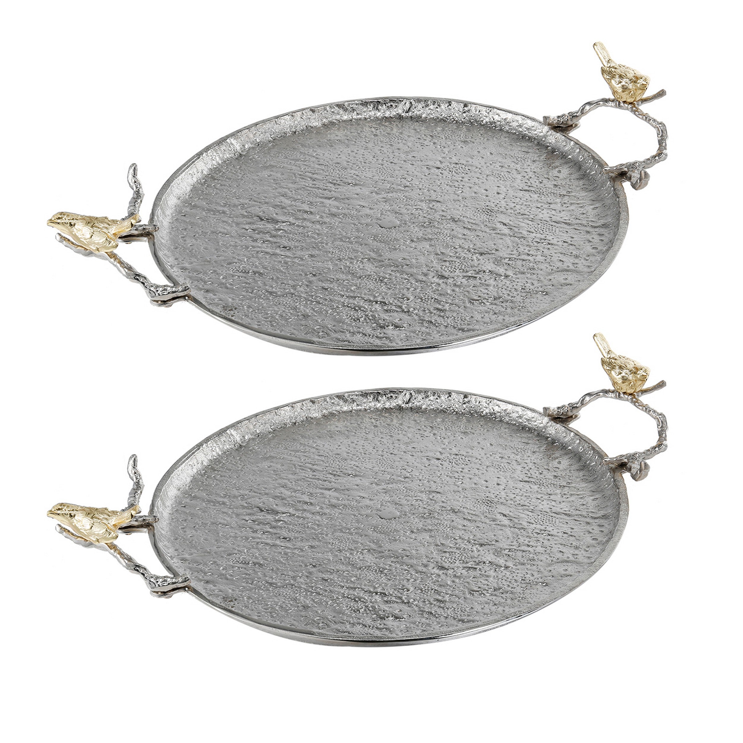 21 Inch Decorative Tray Perched Birds Silver Metal Large Set Of 2