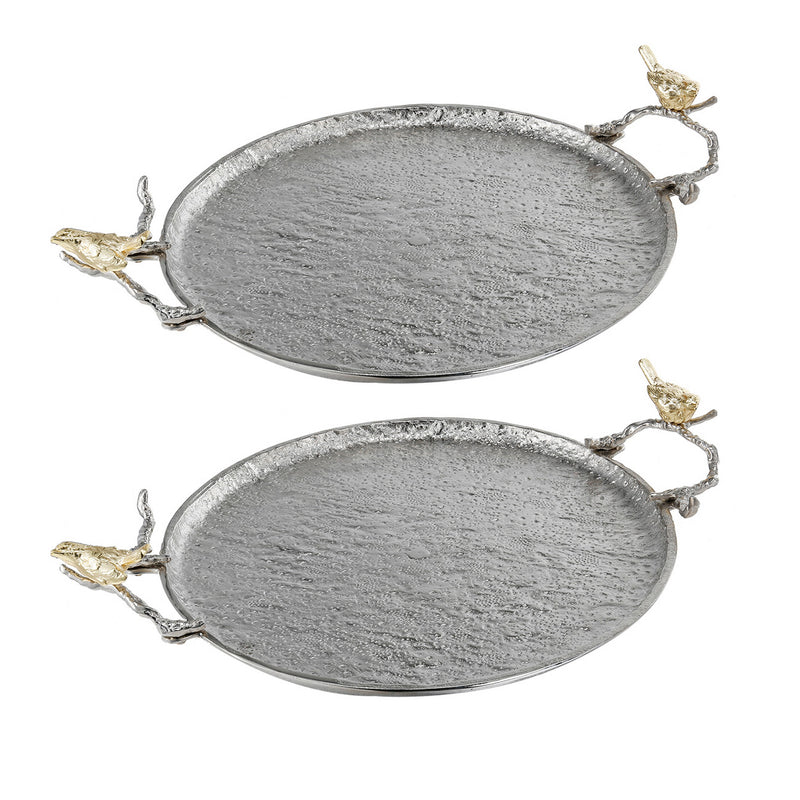 21 Inch Decorative Tray Perched Birds Silver Metal Large Set Of 2-zoom-