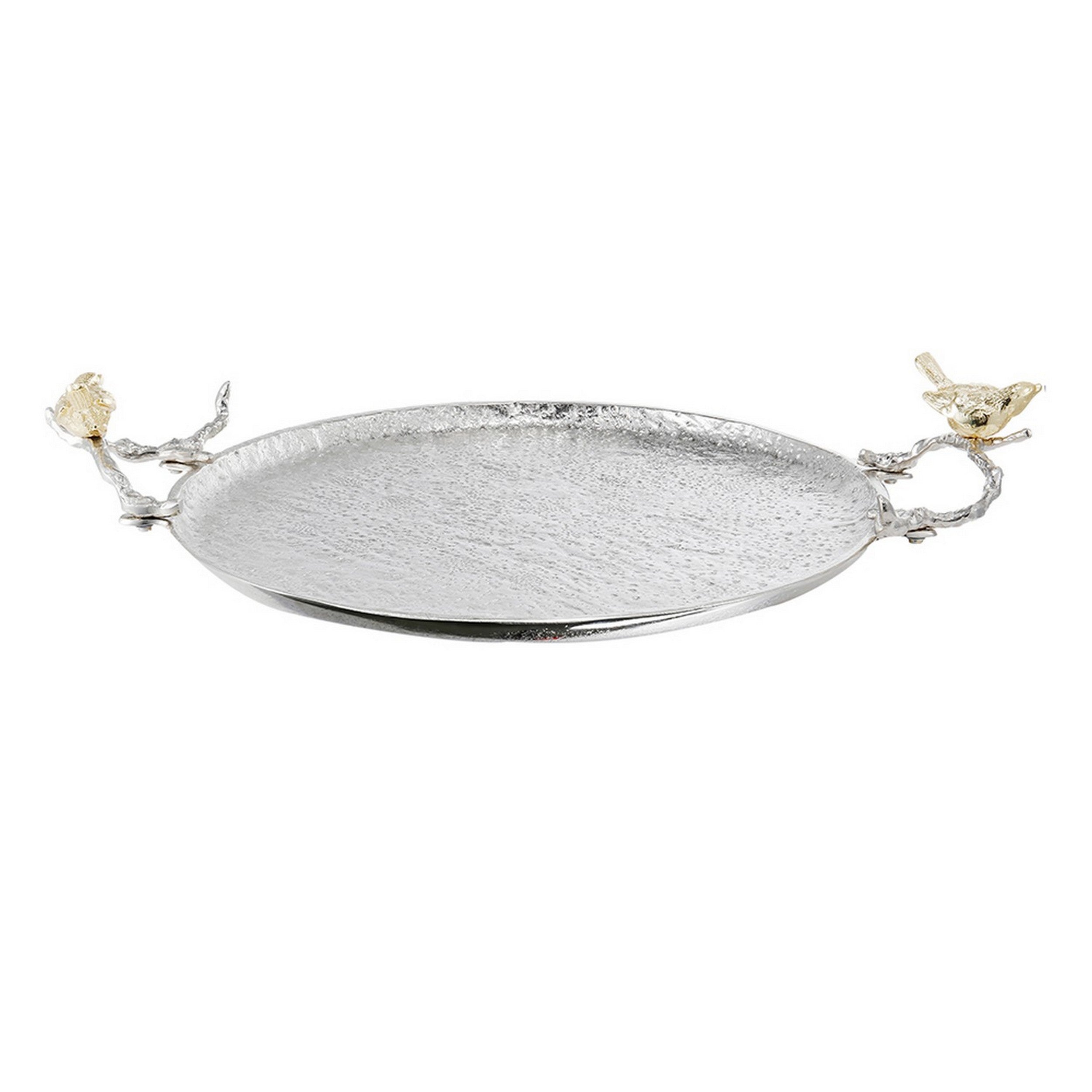 21 Inch Decorative Tray Perched Birds Silver Metal Large Set Of 2
