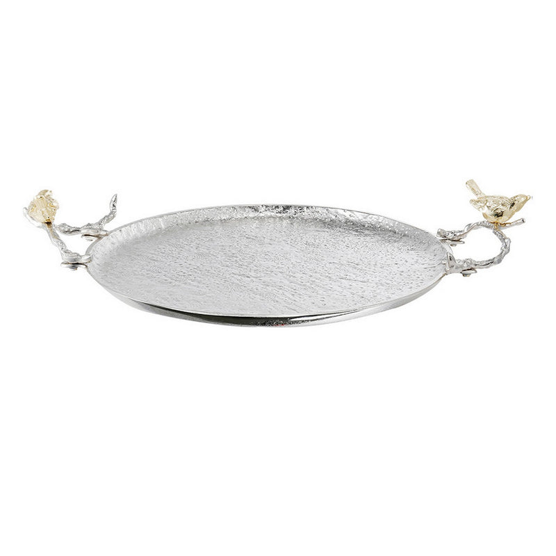21 Inch Decorative Tray Perched Birds Silver Metal Large Set Of 2-zoom-