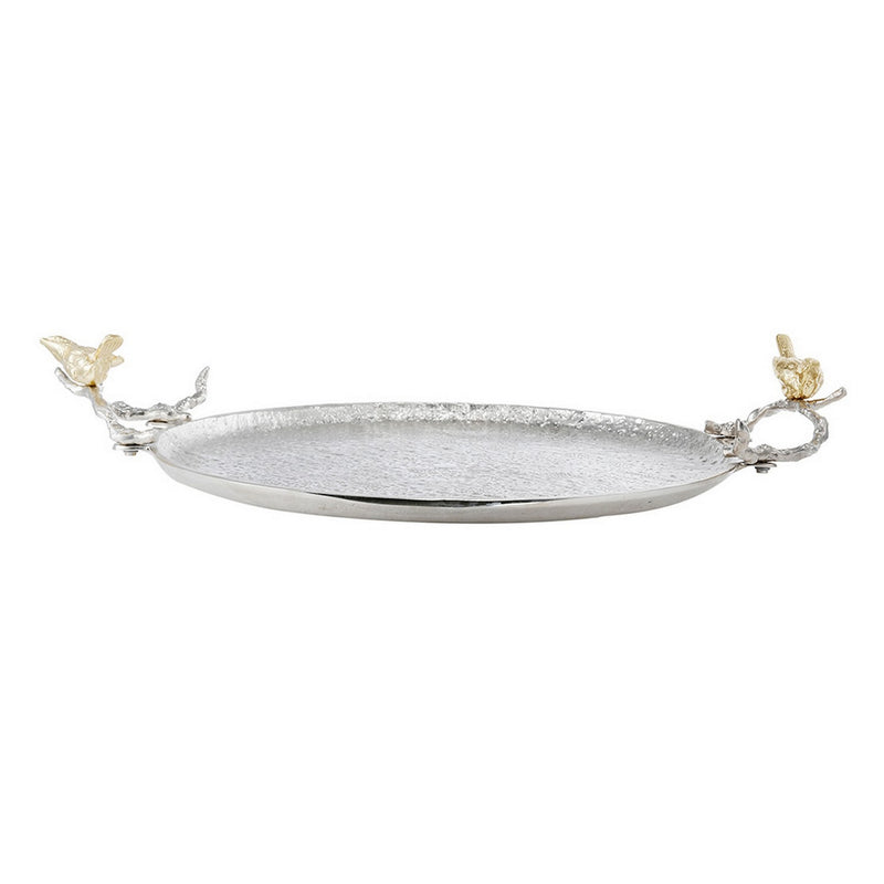 21 Inch Decorative Tray Perched Birds Silver Metal Large Set Of 2-zoom-