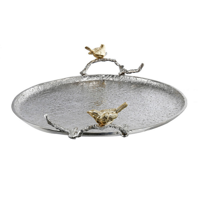 21 Inch Decorative Tray Perched Birds Silver Metal Large Set Of 2-zoom-