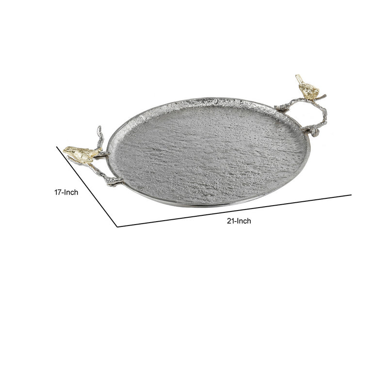 21 Inch Decorative Tray Perched Birds Silver Metal Large Set Of 2-zoom-