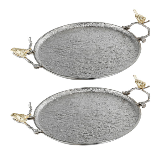 21 Inch Decorative Tray Perched Birds Silver Metal Large Set Of 2