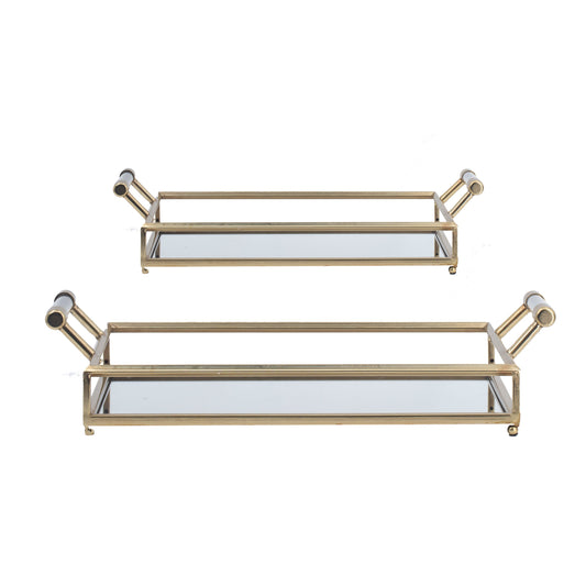 22 20 Inch Decorative Tray Mirrored Antique Gold Metal Frame Set Of 2