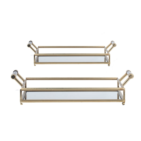 22 20 Inch Decorative Tray Mirrored Antique Gold Metal Frame Set Of 2