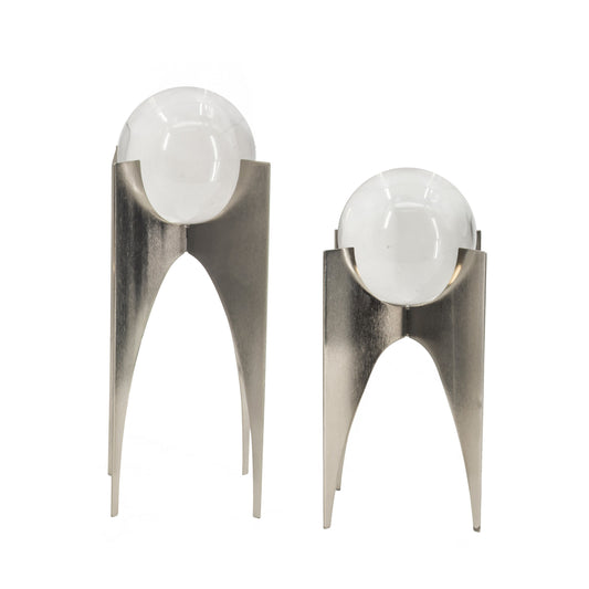 13 10 Inch Crystal Orb Accent Decor Set Of 2 Metal Stand Art Deco