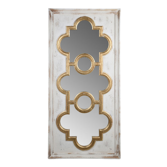 58 Inch Decorative Accent Mirror Gold Ornate Trim Over White Fir Wood