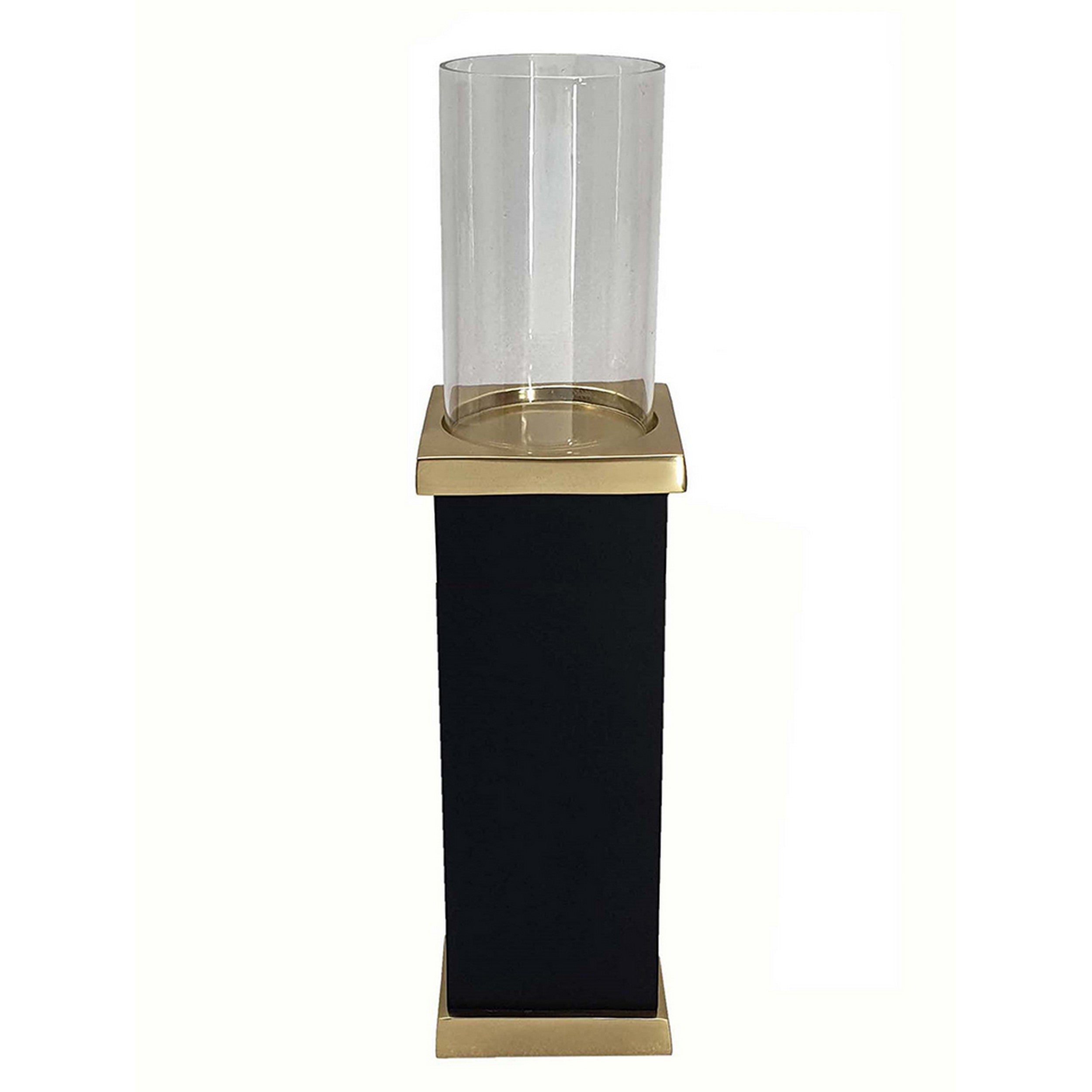 18 Inch Glass Candle Holder Square Block Pedestal Black Finished Wood