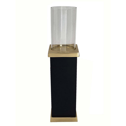 18 Inch Glass Candle Holder Square Block Pedestal Black Finished Wood
