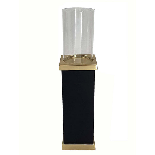 18 Inch Glass Candle Holder Square Block Pedestal Black Finished Wood