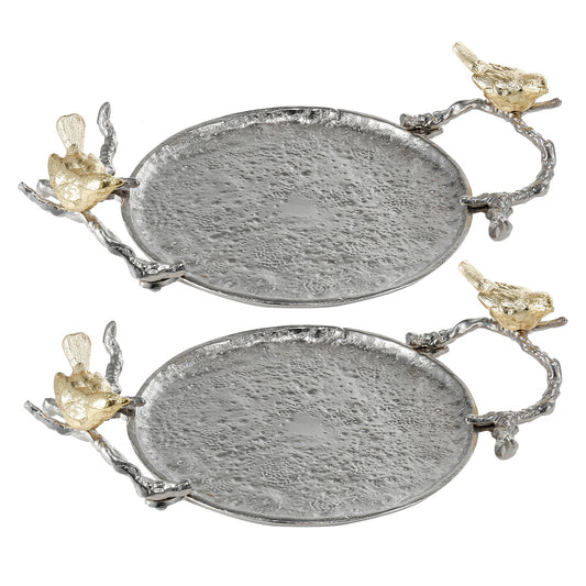 14 Inch Small Decorative Tray Perched Birds Silver Metal Frame Set Of 2