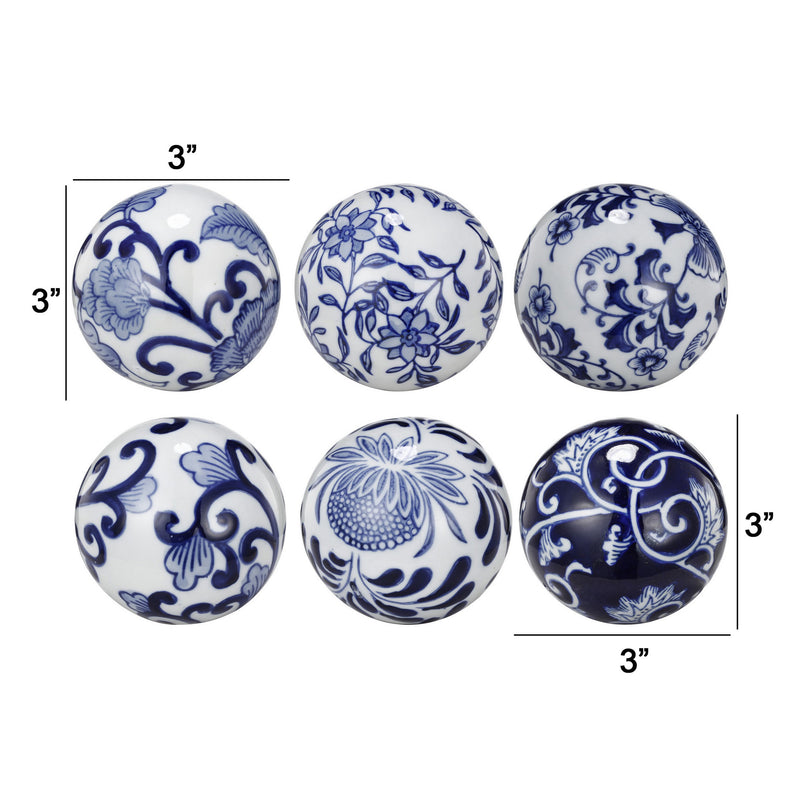 4 Inch Decorative Ball Set Of 6 Orbs Blue And White Printed Porcelain-zoom-