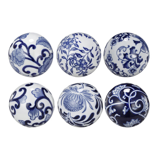 4 Inch Decorative Ball Set Of 6 Orbs Blue And White Printed Porcelain