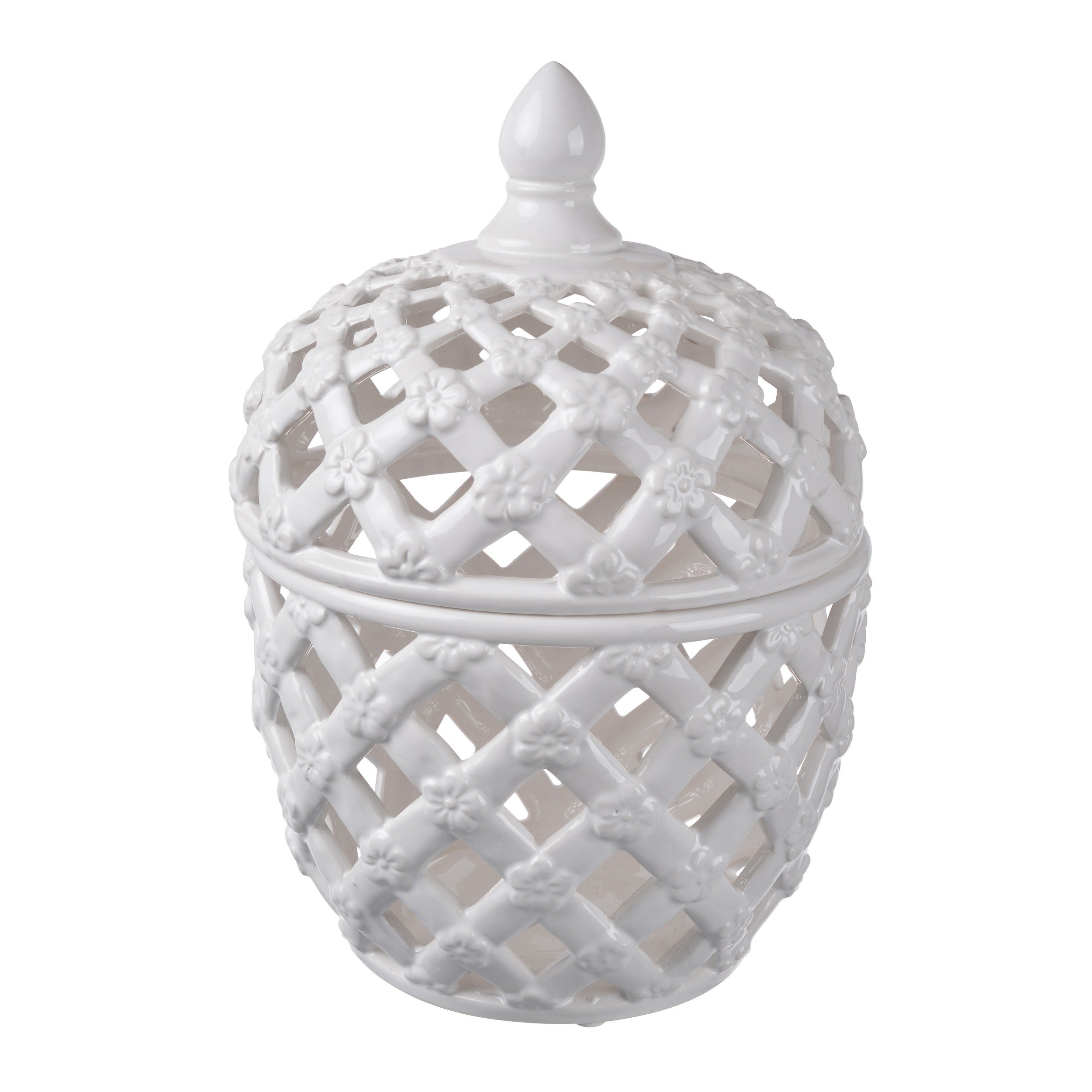 12 Inch Lidded Jar Lattice Design And Decorative Flowers White Ceramic