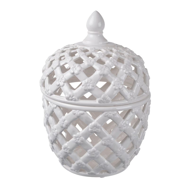 12 Inch Lidded Jar Lattice Design And Decorative Flowers White Ceramic-zoom-