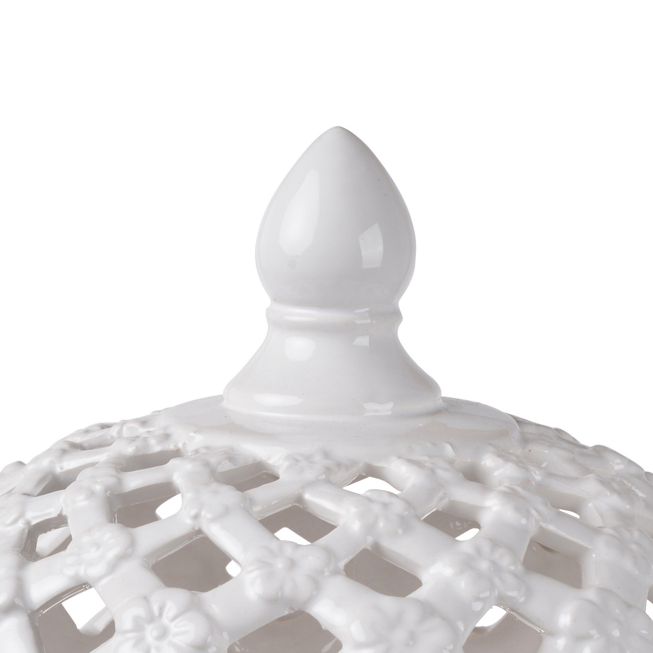12 Inch Lidded Jar Lattice Design And Decorative Flowers White Ceramic