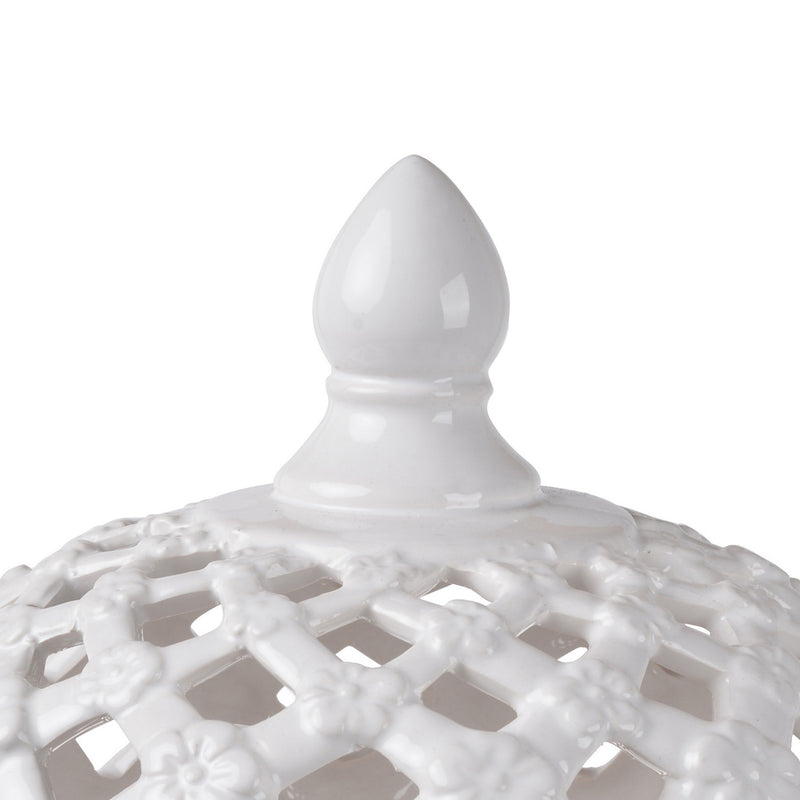 12 Inch Lidded Jar Lattice Design And Decorative Flowers White Ceramic-zoom-