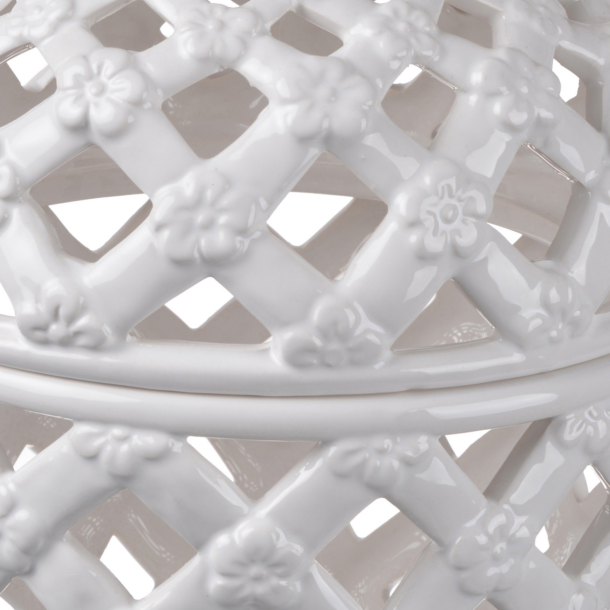 12 Inch Lidded Jar Lattice Design And Decorative Flowers White Ceramic-zoom-3