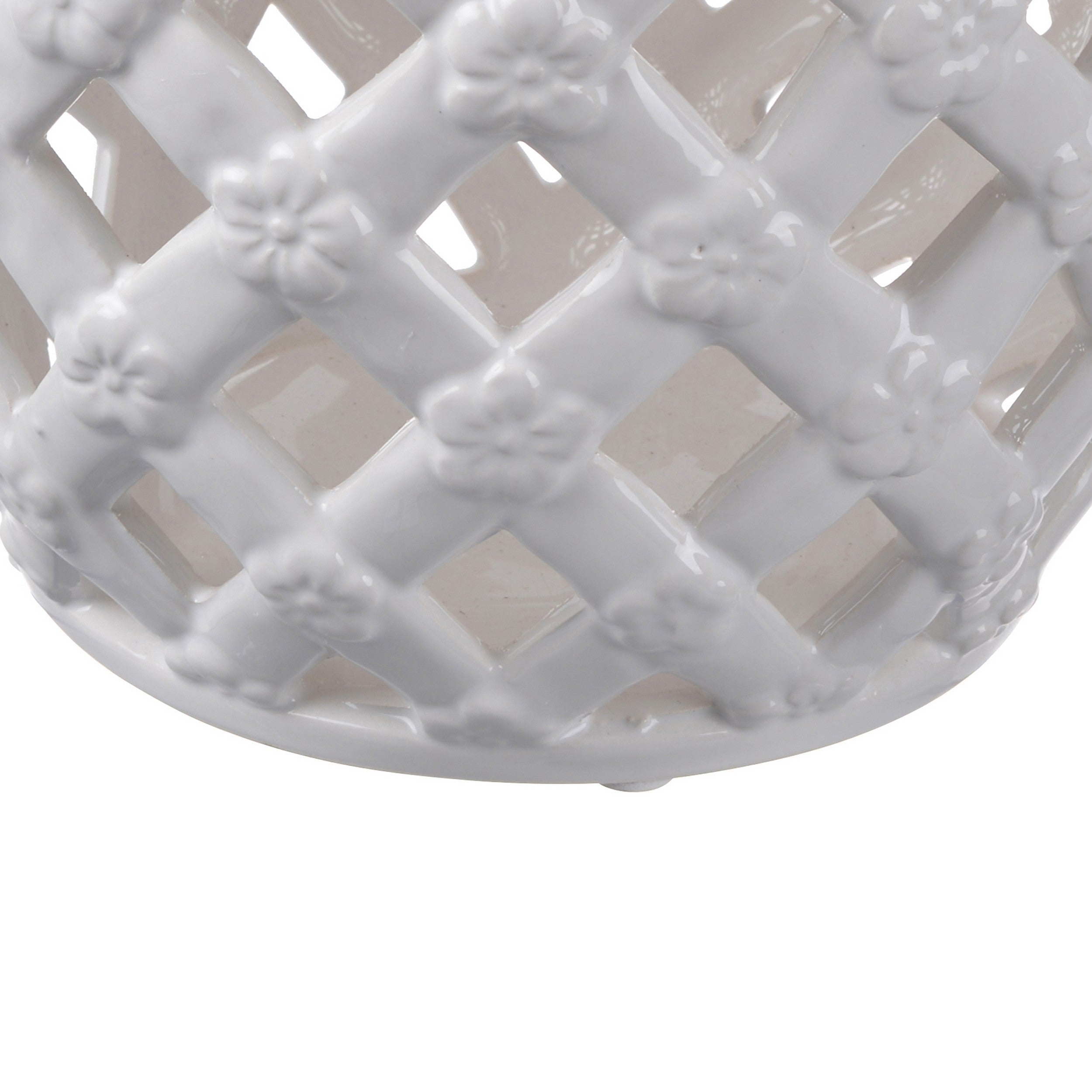 12 Inch Lidded Jar Lattice Design And Decorative Flowers White Ceramic-zoom-4