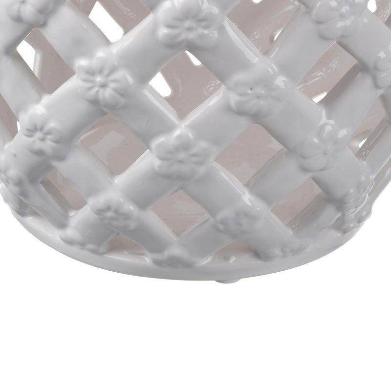 12 Inch Lidded Jar Lattice Design And Decorative Flowers White Ceramic-zoom-