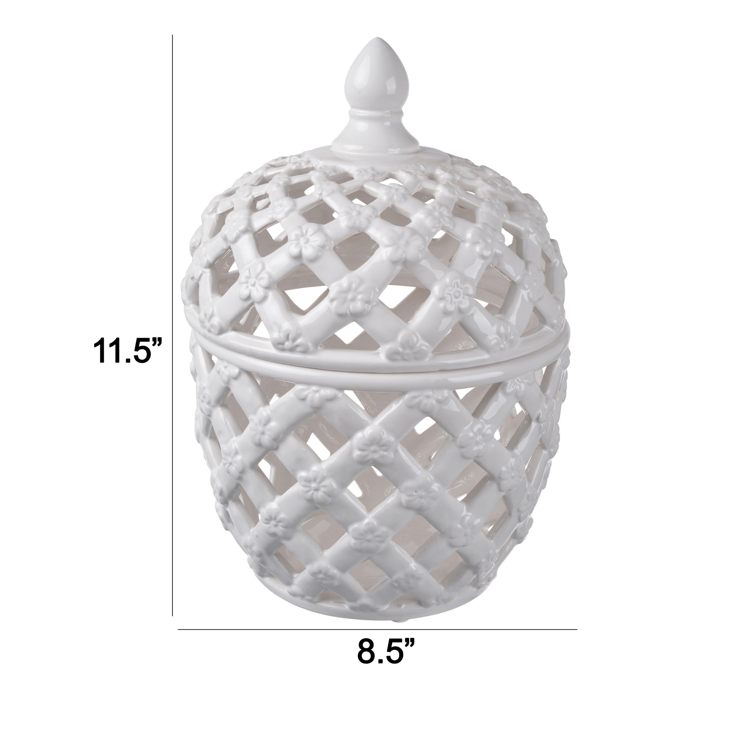 12 Inch Lidded Jar Lattice Design And Decorative Flowers White Ceramic-zoom-5