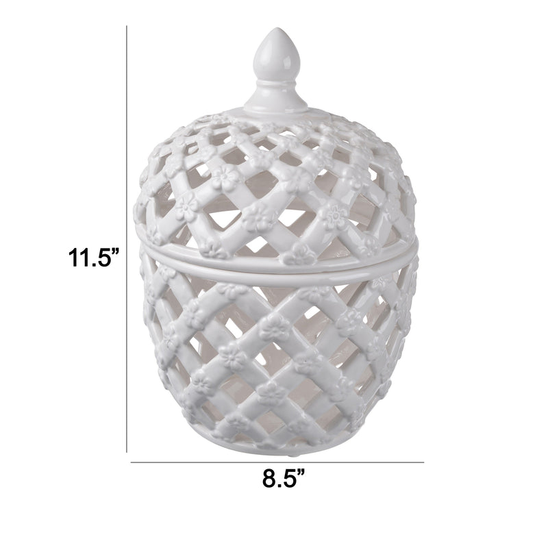 12 Inch Lidded Jar Lattice Design And Decorative Flowers White Ceramic-zoom-